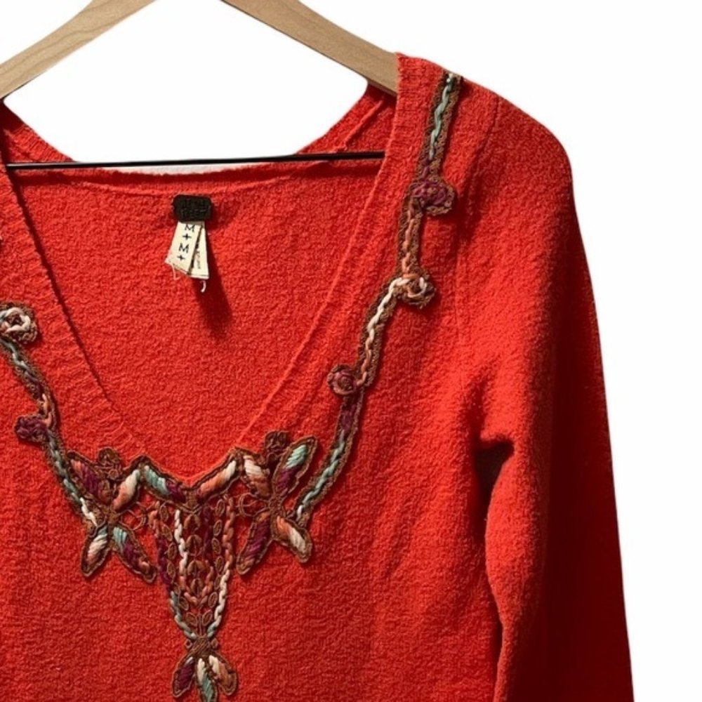 Free People Orange V-Neck Crochet Embroidery Sweater